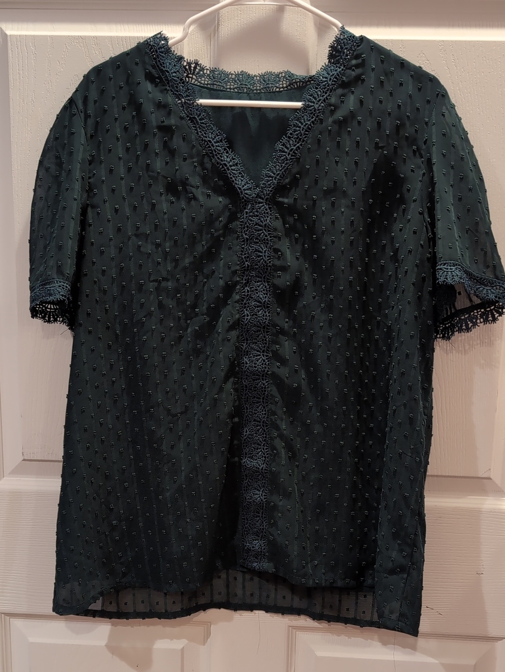 Women's Dark Green Lace Trim Swiss Dot Blouse L